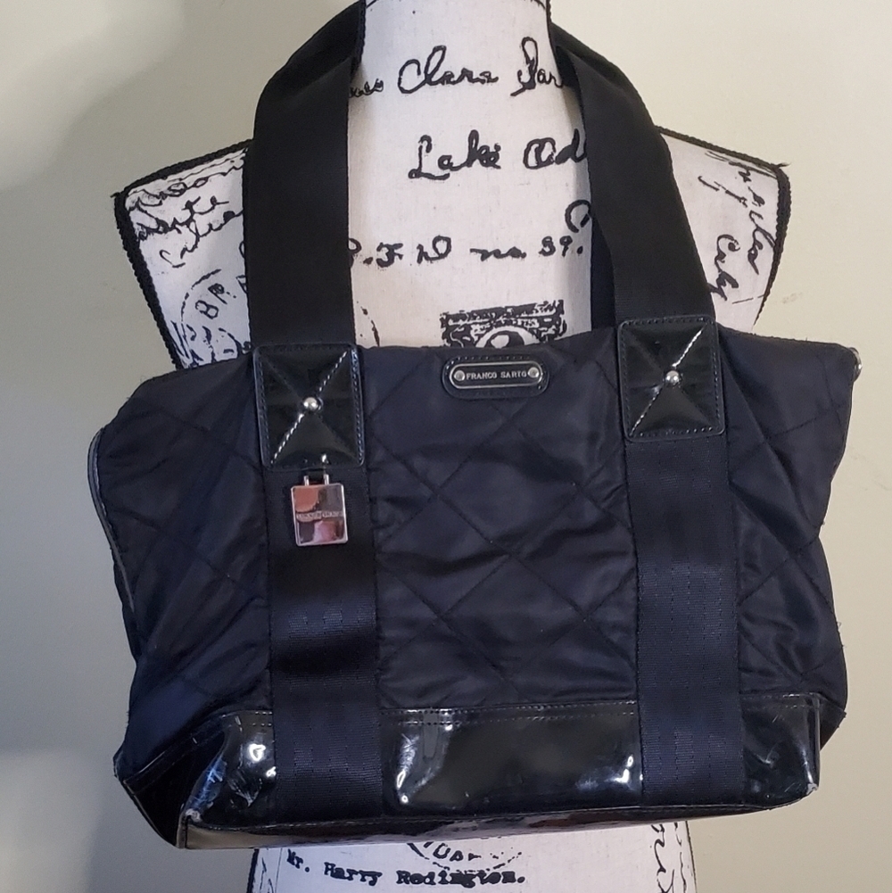 Franco Sarto Black Quilted Patent Leather Tote Bag